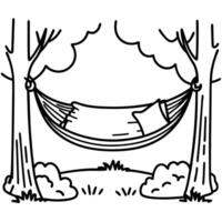 hammock between trees for relaxation black and white line art illustration, tranquility and leisure in nature scene vector