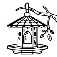 Minimalistic birdhouse design hanging on branch, black and white sketch vector