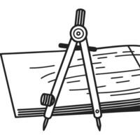 Architectural sketch with compass tool on paper design blueprint, engineering concept, black and white illustration vector