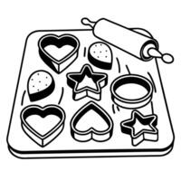 rolling pin and cookie cutters on baking sheet heart and star shapes for holiday baking fun vector