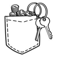 Pocket with coins and keys illustration black and white line art of money and security symbol vector