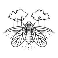 Detailed line art of a cicada moth in nature, surrounded by trees, showcasing insect wings and habitat vector