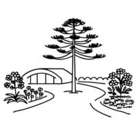 Line drawing of landscape with tall tree, modern building, and garden path vector