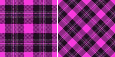 Vibrant pink and black plaid patterns, perfect for fashion, textile, and web design. These seamless textures offer a bold, stylish aesthetic, ideal for creating eyecatching visuals. vector