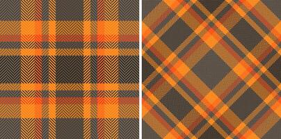 Two vibrant autumnal plaid patterns in warm orange and gray hues. Perfect for textile design, fallthemed projects, or adding a touch of cozy style to your designs. vector