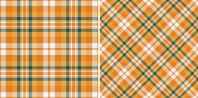 Two vibrant autumnal plaid patterns in warm orange, teal, and white. Perfect for fallthemed designs, textile prints, and crafting projects. vector