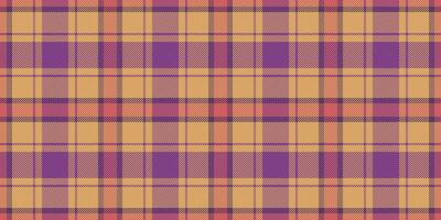 20s plaid seamless fabric, asymmetric pattern background tartan. Intense texture textile check in orange and purple colors. vector
