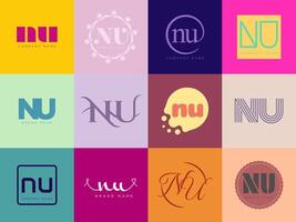 NU logo company template. Letter n and u logotype. Set different classic serif lettering and modern bold text with design elements. Initial font typography. vector