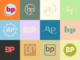 BP logo company template. Letter b and p logotype. Set different classic serif lettering and modern bold text with design elements. Initial font typography. vector
