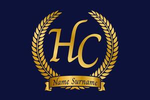 Initial letter H and C, HC monogram logo design with laurel wreath. Luxury golden calligraphy font. vector