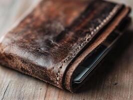 a leather wallet sitting on a wooden table photo