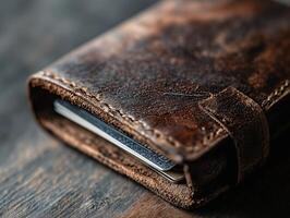 a leather wallet sitting on top of a wooden table photo