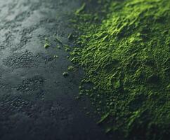 Moringa powder freshly poured on dark textured surface photo