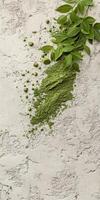 Moringa powder and fresh leaves on a textured surface photo