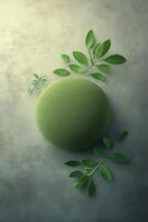 Moringa powder with fresh green leaves on textured backdrop photo