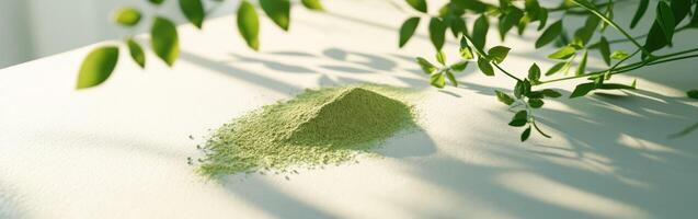 Moringa powder displayed with fresh leaves in a bright setting photo