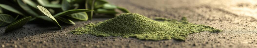 Fresh moringa powder on a textured surface with green leaves photo