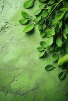 Moringa powder with fresh leaves on a textured green background photo