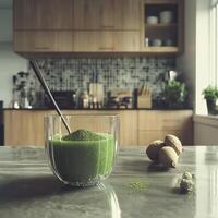 Moringa powder blended into a nutritious green smoothie at home photo