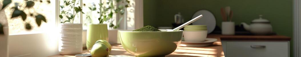 Moringa powder in a green bowl on a kitchen counter photo