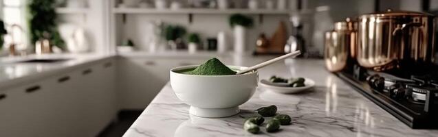 Moringa powder displayed in a modern kitchen setting photo