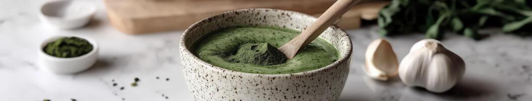 Moringa powder mixed into a vibrant green smoothie bowl photo