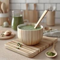 Delicious moringa powder smoothie in a wooden bowl photo