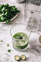 Fresh moringa powder mixed into a nutritious green smoothie photo