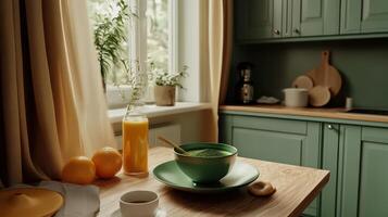 Moringa powder and fresh juice on a kitchen table photo