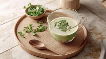 Moringa powder beverage with fresh leaves on wooden tray photo