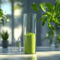 Moringa powder displayed in a clear glass container photo