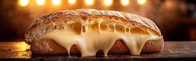 Freshly baked bread with melted cheese stretching deliciously photo