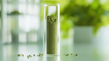 Moringa powder displayed in a test tube with scattered powder around photo