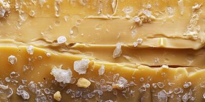 Creamy gouda cheese with coarse salt crystals displayed on a board photo
