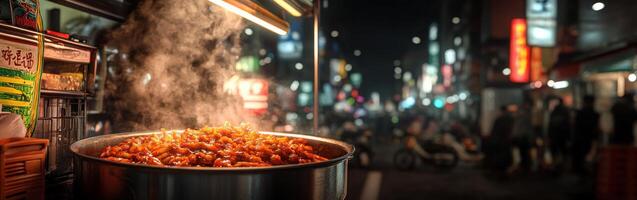 Popular tteokbokki stall on a bustling night street photo