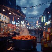 Tteokbokki served at a vibrant night market in South Korea photo