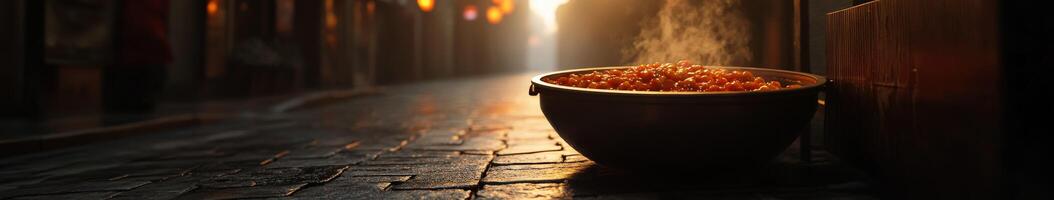 Tteokbokki served in a traditional bowl under warm sunset lighting photo