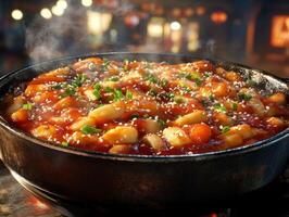 Spicy tteokbokki served in a sizzling pot with garnishes photo