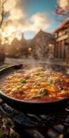 Delicious tteokbokki simmering in a traditional street setting photo