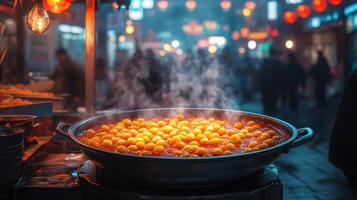 Steam rises from a pot of tteokbokki at a bustling night market photo