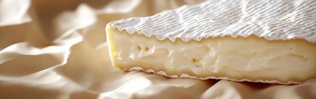 Creamy brie cheese displayed on a soft fabric background photo