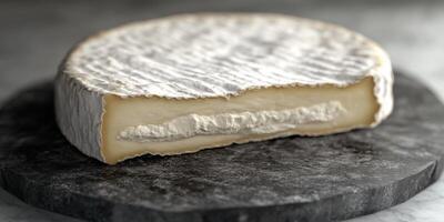 Creamy brie cheese displayed on a dark slate board photo