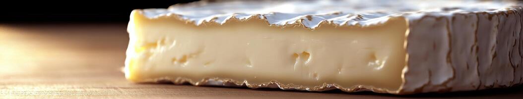 Creamy brie cheese displayed on a wooden table photo
