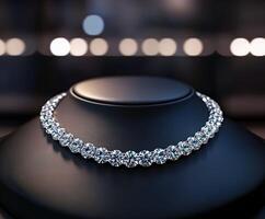 Elegant diamond necklace displayed on black bust at evening event photo