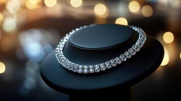 Elegant diamond necklace displayed at upscale event in soft lighting photo