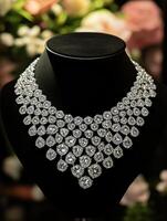Elegant diamond necklace displayed against a floral backdrop photo