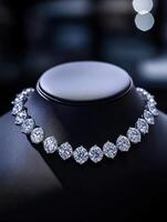 Elegant diamond necklace displayed on a black bust in a gallery photo