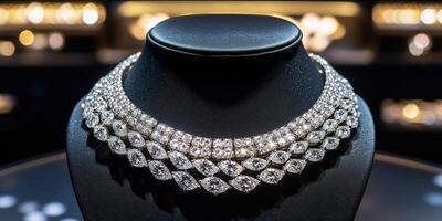 Sparkling diamond necklace displayed in elegant showroom setting photo