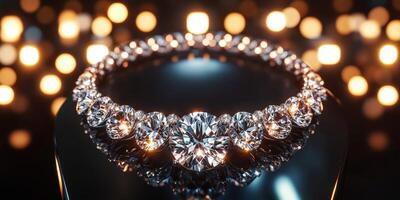 Stunning diamond necklace displayed elegantly against glowing lights photo