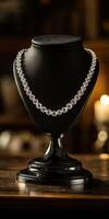 Exquisite crystal necklace displayed on elegant black stand photo